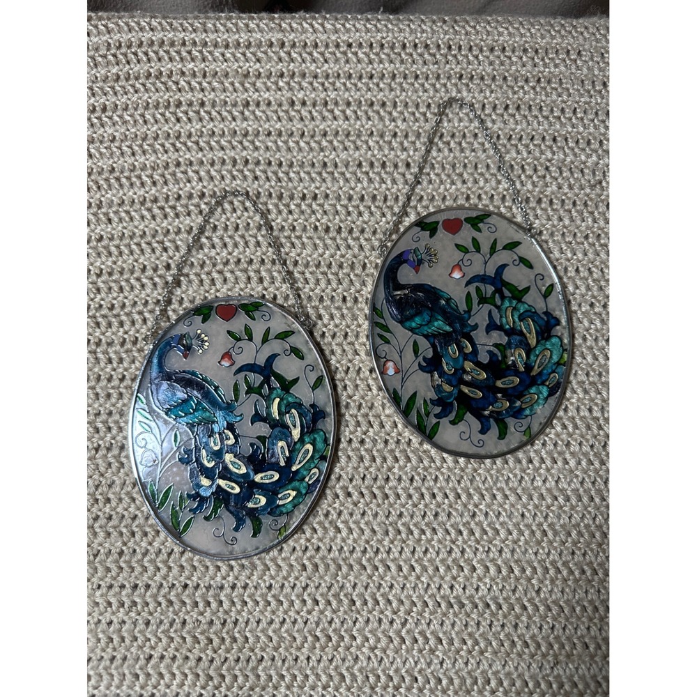 Vintage Peacock Stained Glass Suncatcher Set of 2 Oval Window Decor Blue Green